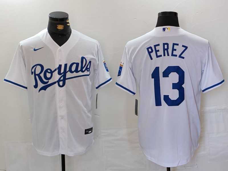 Mens Kansas City Royals #13 Salvador Perez White Cool Base Stitched Jersey